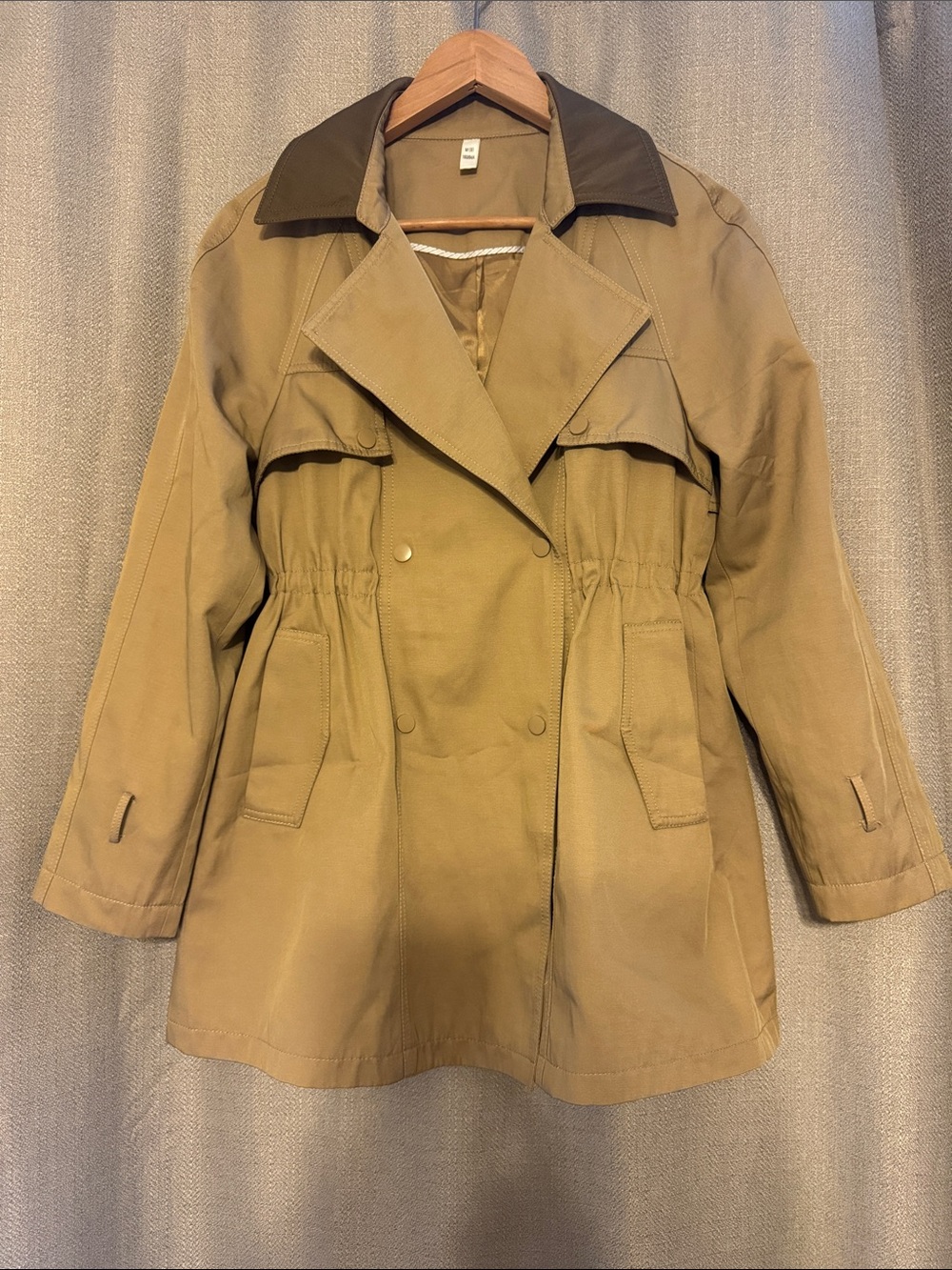 Women's Tan Trench Coat with Dark Contrast Collar